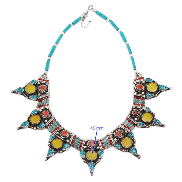 Colar Linha Nepal Com Turquesa, Coral e Ágata