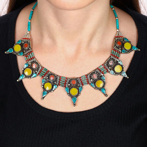 Colar Linha Nepal Com Turquesa, Coral e Ágata