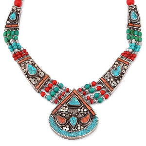 Colar Linha Nepal com Coral e Turquesa