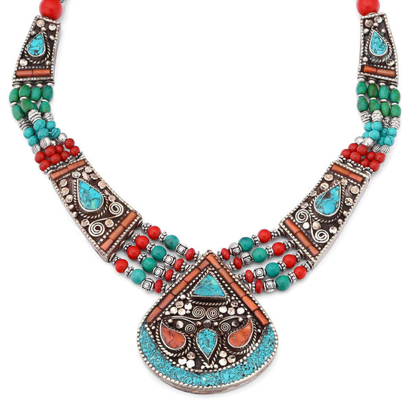 Colar Linha Nepal com Coral e Turquesa