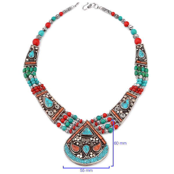 Colar Linha Nepal com Coral e Turquesa