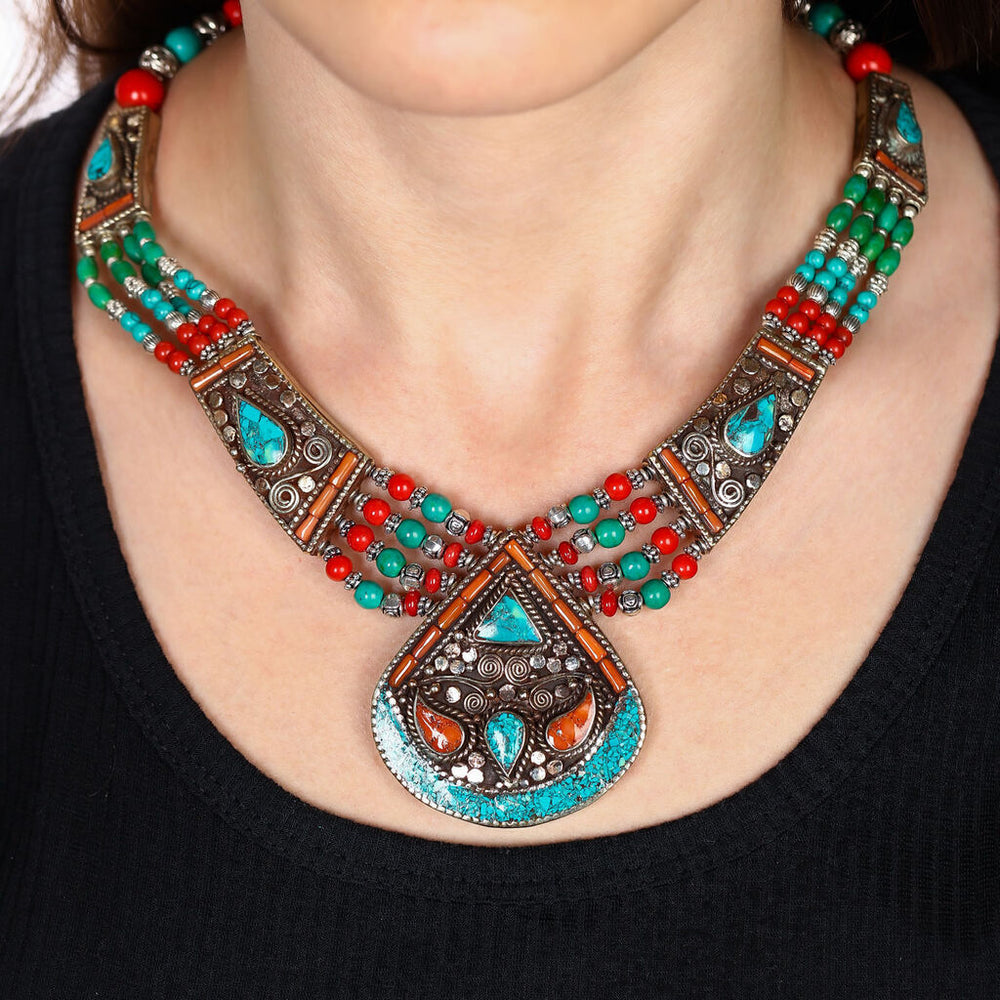 Colar Linha Nepal com Coral e Turquesa