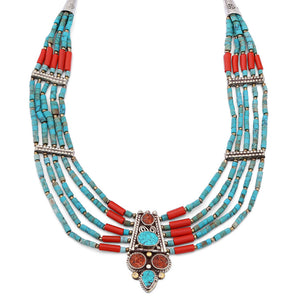 Colar Linha Nepal Com Turquesa e Coral