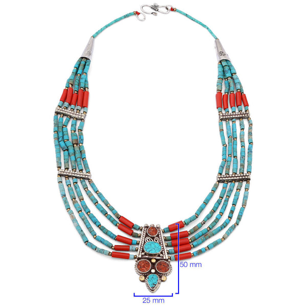 Colar Linha Nepal Com Turquesa e Coral