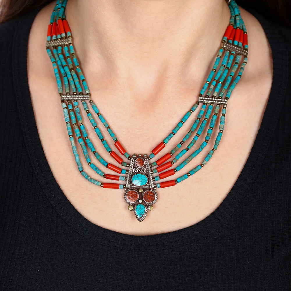 Colar Linha Nepal Com Turquesa e Coral