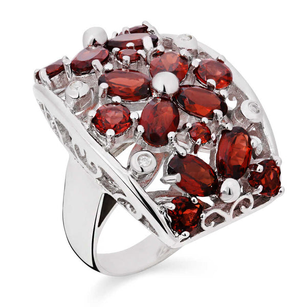 Anel em Prata 925 Floral com Granadas e Diamantes