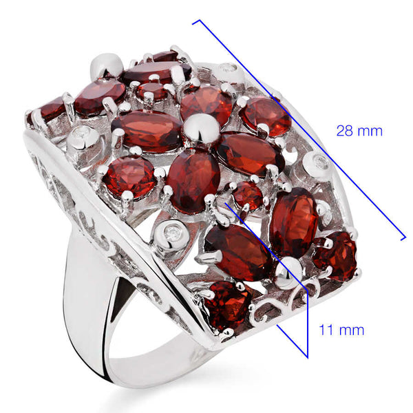 Anel em Prata 925 Floral com Granadas e Diamantes