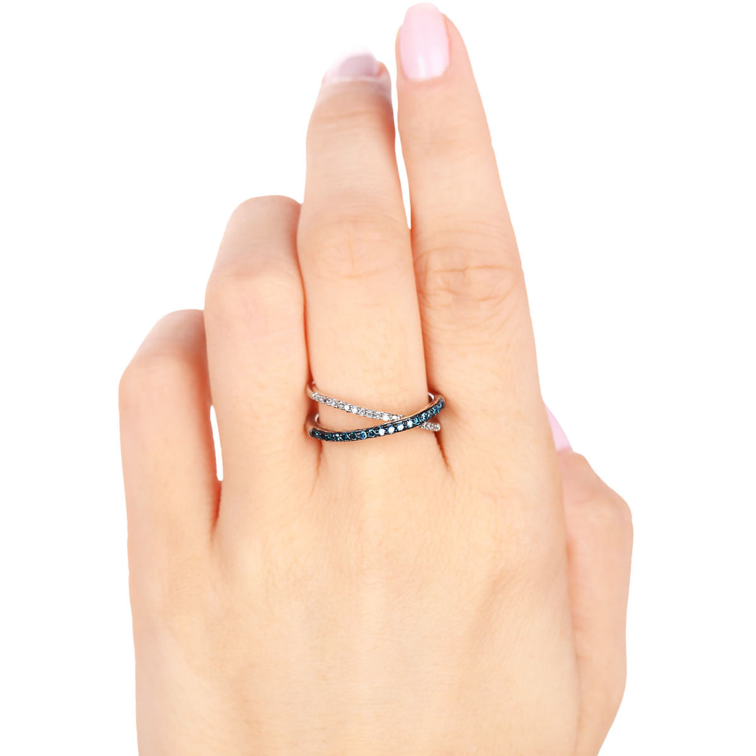 Anel em Prata 925 com Diamantes Azuis e Brancos