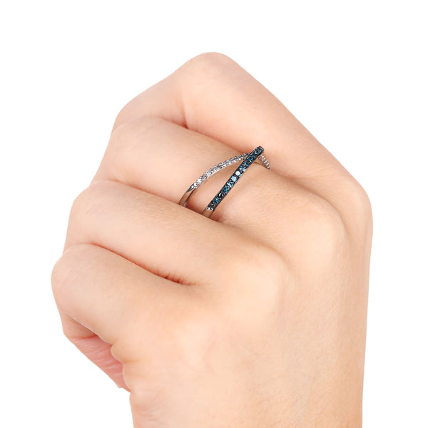 Anel em Prata 925 com Diamantes Azuis e Brancos