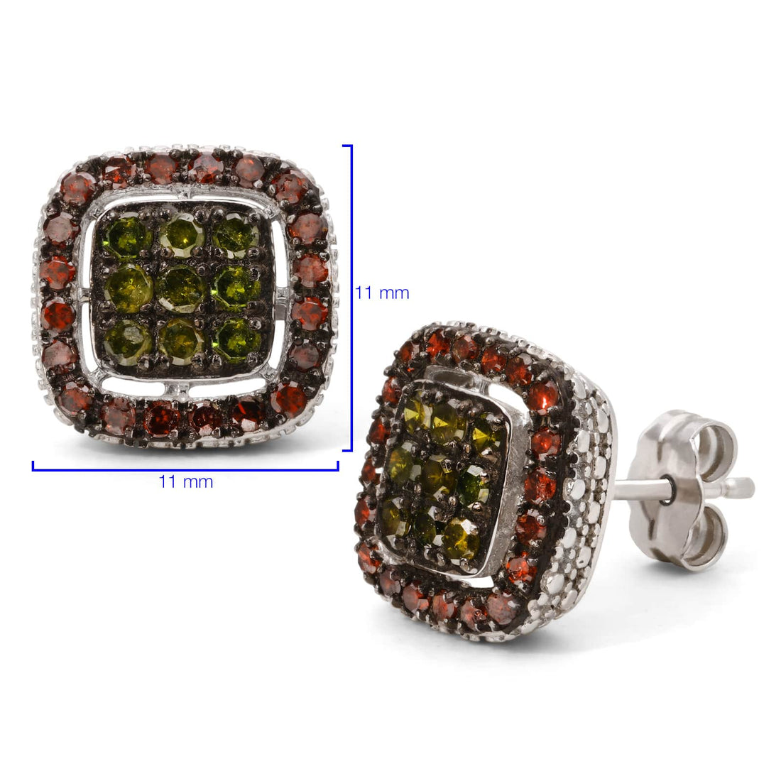 Par de Brinco em Prata 925 Quadrado com Diamantes Verdes e Vermelhos
