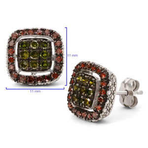 Par de Brinco em Prata 925 Quadrado com Diamantes Verdes e Vermelhos
