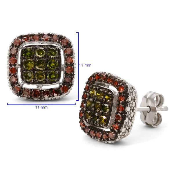 Par de Brinco em Prata 925 Quadrado com Diamantes Verdes e Vermelhos