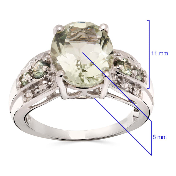 Anel de Prata com Prasiolita e Safiras Verdes Aprox. 3,70 cts