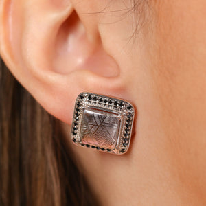 Par de Brinco em Prata 925 com Meteorito e Black Spinel