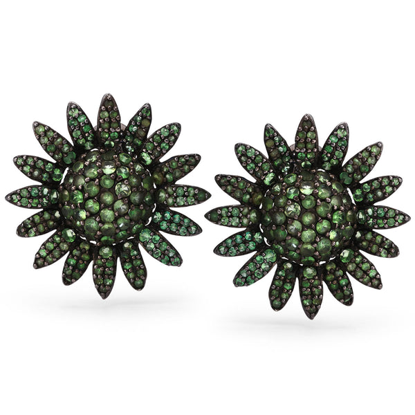Par de Brinco em Prata Luxo Flor com Granadas Verdes