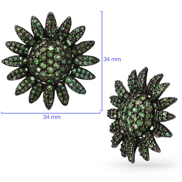 Par de Brinco em Prata Luxo Flor com Granadas Verdes