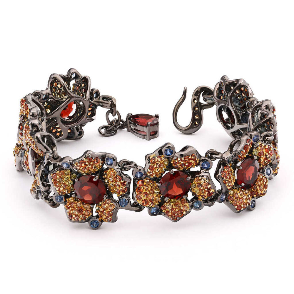 Pulseira Linha Premium em Prata 925 com Granadas e Safiras Coloridas