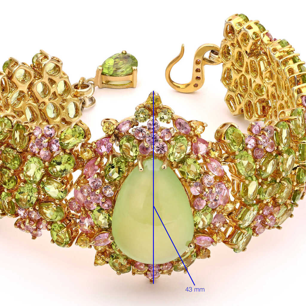 Pulseira Linha Premium em Prata 925 com Prenita, Peridotos e Safiras Rosas