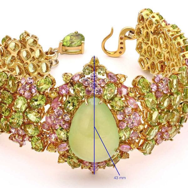 Pulseira Linha Premium em Prata 925 com Prenita, Peridotos e Safiras Rosas