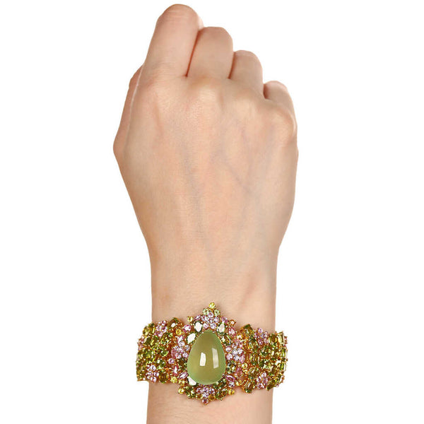 Pulseira Linha Premium em Prata 925 com Prenita, Peridotos e Safiras Rosas