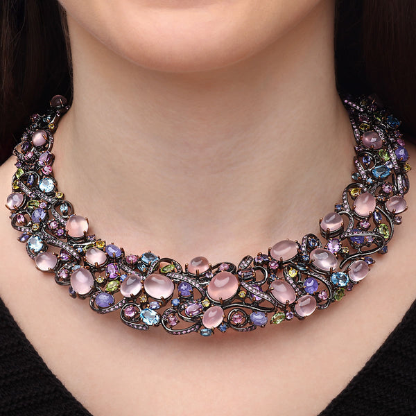 Colar em Prata Luxo com Quartzos Rosas, Ametistas, Safiras, Topazios, Peridotos e Tanzanitas