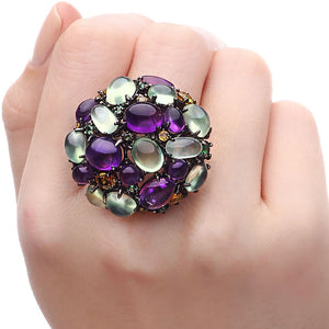 Anel Linha Premium em Prata 925 com Ametistas, Prenitas, Granadas Verdes e Safiras