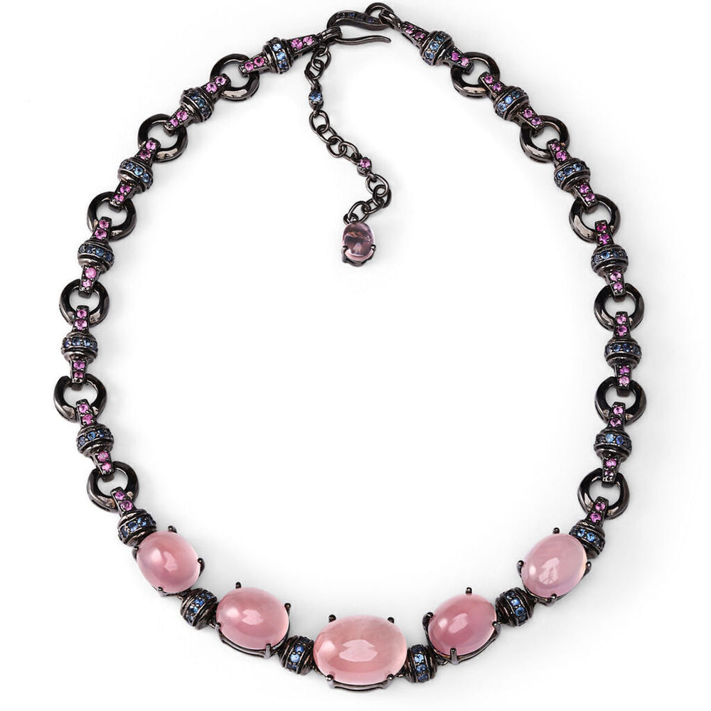 Colar Linha Premium com Prata 925 com Quartzo Rosa e Safiras