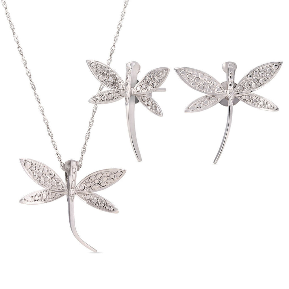 Par de Brinco e Pingente Libelula em Ouro Branco 18k Com Efeito Diamantado