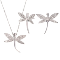 Par de Brinco e Pingente Libelula em Ouro Branco 18k Com Efeito Diamantado