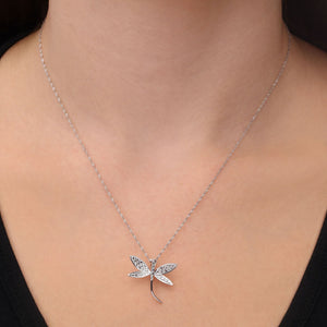 Par de Brinco e Pingente Libelula em Ouro Branco 18k Com Efeito Diamantado