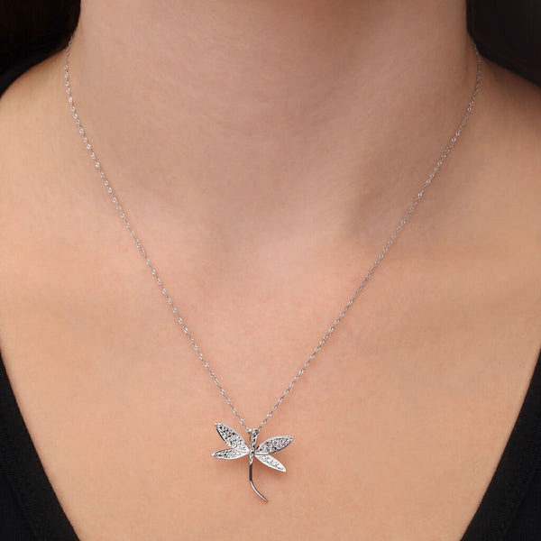 Par de Brinco e Pingente Libelula em Ouro Branco 18k Com Efeito Diamantado
