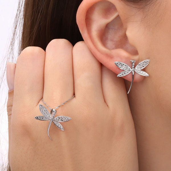 Par de Brinco e Pingente Libelula em Ouro Branco 18k Com Efeito Diamantado