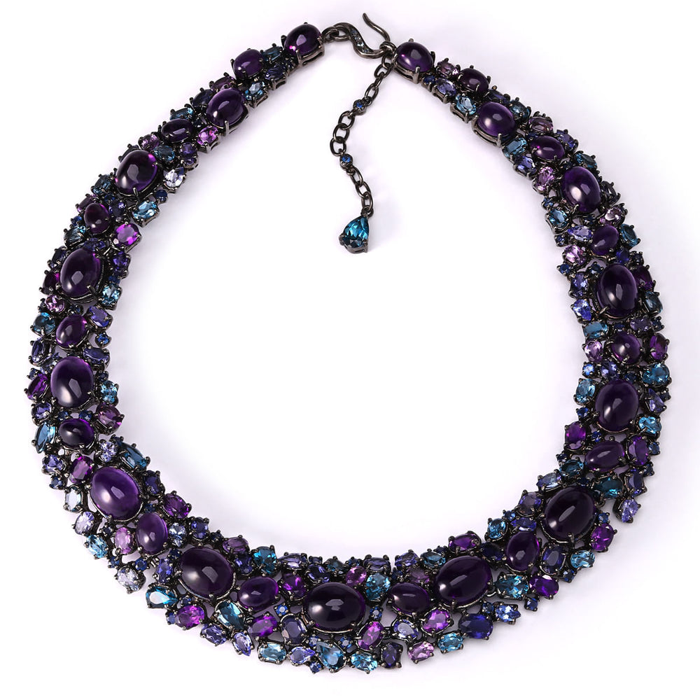 Colar em Prata Luxo Ametistas, Safiras, Topazios London Blue e Tanzanitas