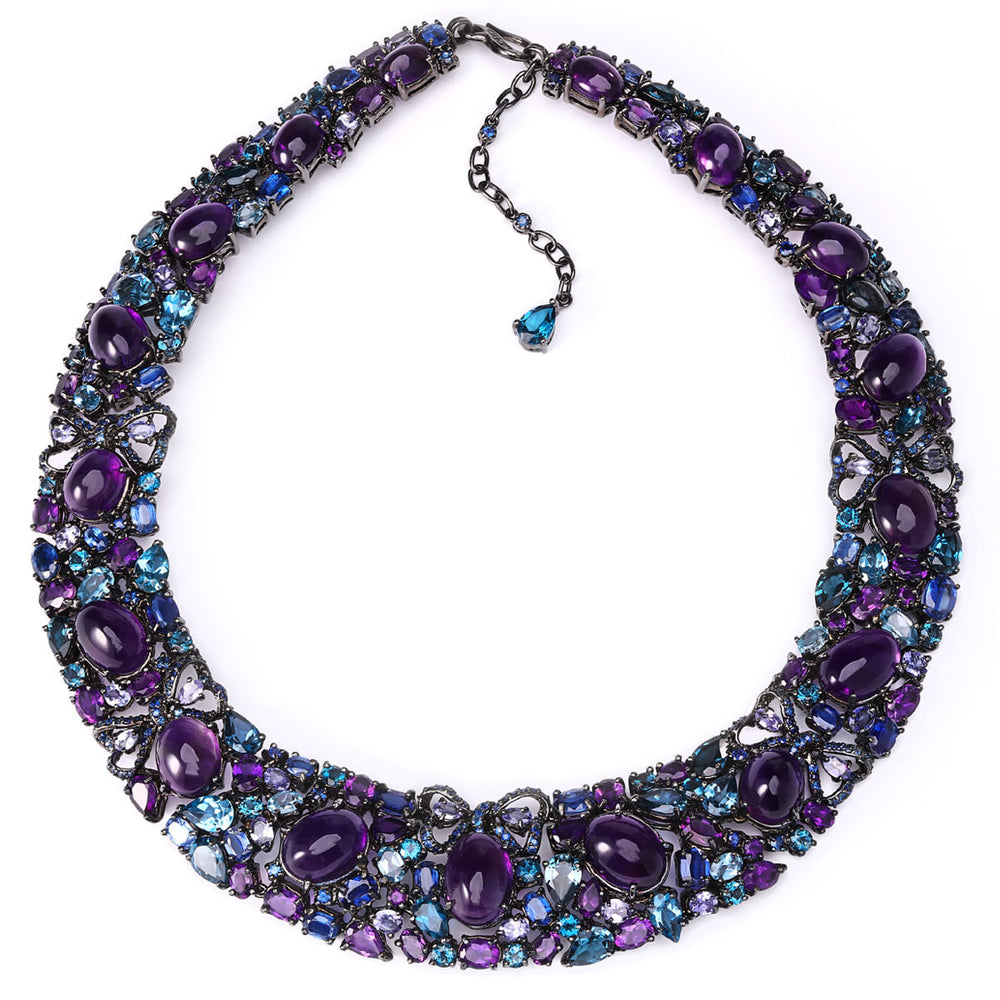 Colar em Prata Luxo com Ametistas, Safiras, Topazios London Blue, Kianites e Tanzanitas