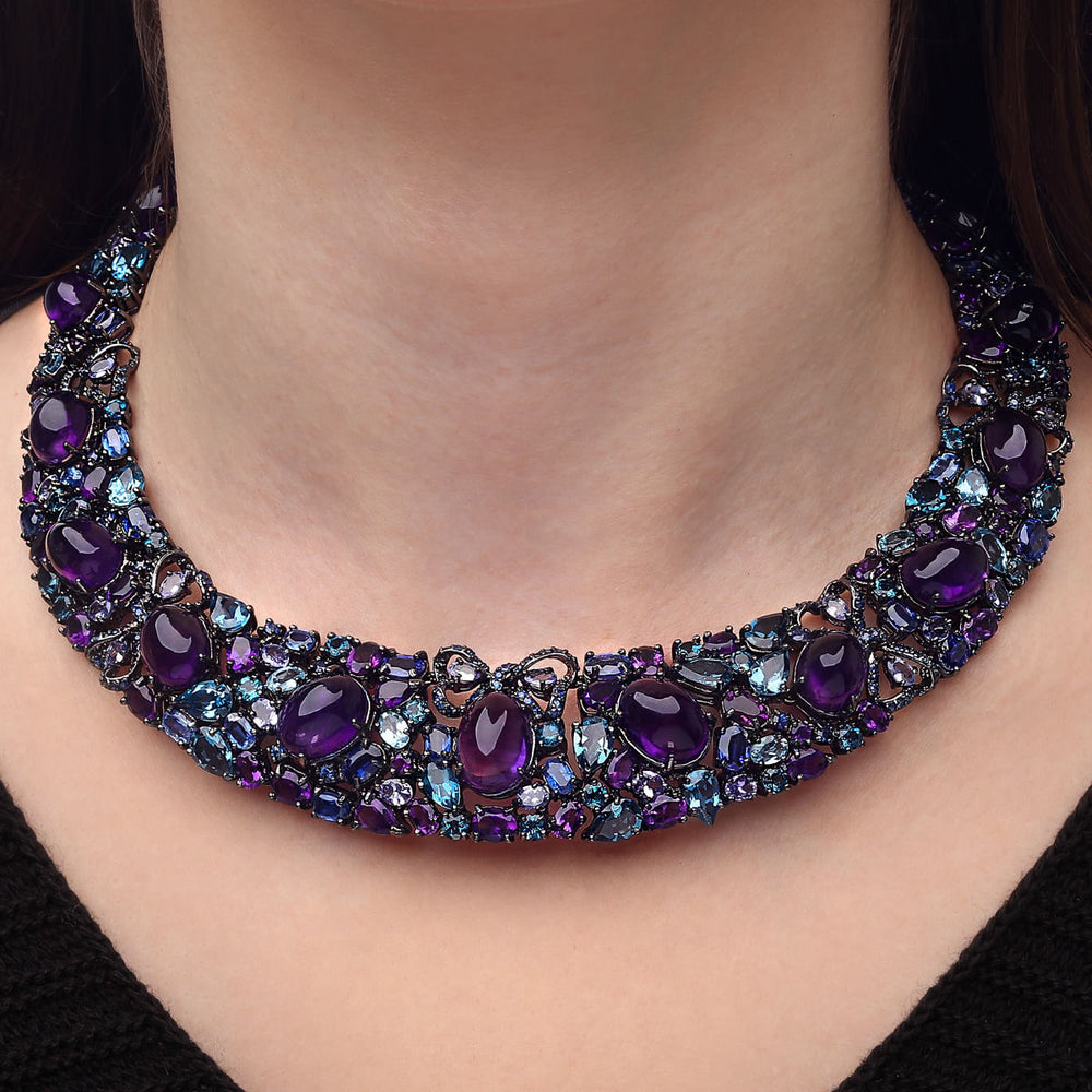 Colar em Prata Luxo com Ametistas, Safiras, Topazios London Blue, Kianites e Tanzanitas
