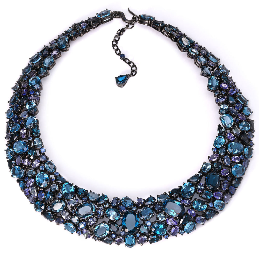 Colar em Prata Luxo com Safiras Azuis, Kianites, Topazios London Blue e Tanzanitas