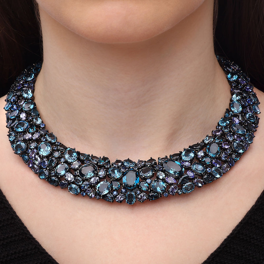 Colar em Prata Luxo com Safiras Azuis, Kianites, Topazios London Blue e Tanzanitas