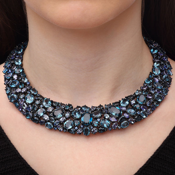 Colar em Prata Luxo com Safiras Azuis, Kianites, Topazios London Blue e Tanzanitas