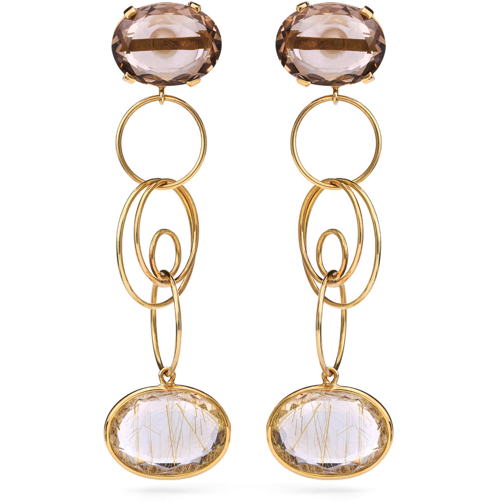 Brinco em Ouro Amarelo 18K com Topázio Fumê e Quartzo Rutilado
