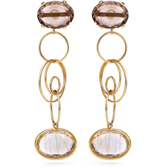 Brinco em Ouro Amarelo 18K com Topázio Fumê e Quartzo Rutilado