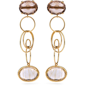 Brinco em Ouro Amarelo 18K com Topázio Fumê e Quartzo Rutilado
