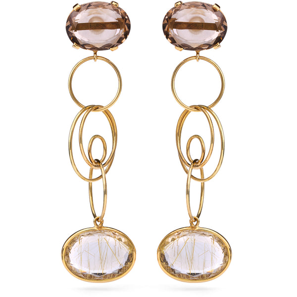 Brinco em Ouro Amarelo 18K com Topázio Fumê e Quartzo Rutilado