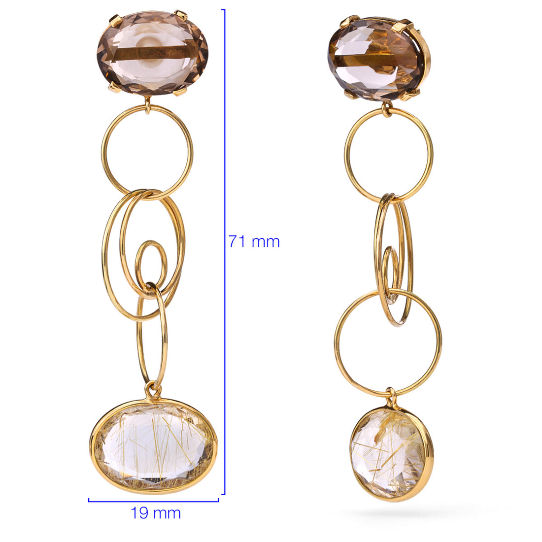 Brinco em Ouro Amarelo 18K com Topázio Fumê e Quartzo Rutilado