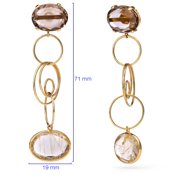 Brinco em Ouro Amarelo 18K com Topázio Fumê e Quartzo Rutilado