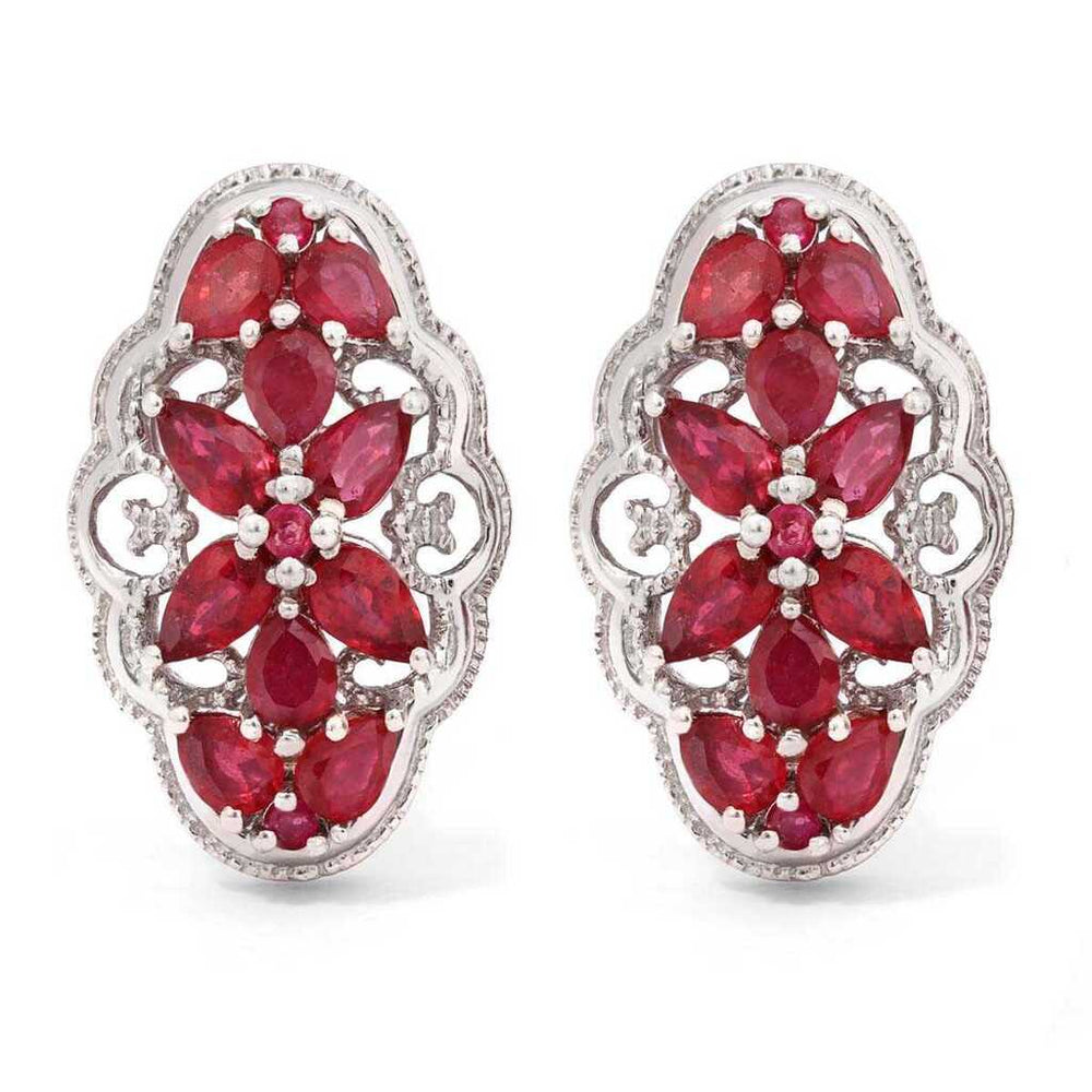 Par de Brinco em Prata 925 Floral com Rubis