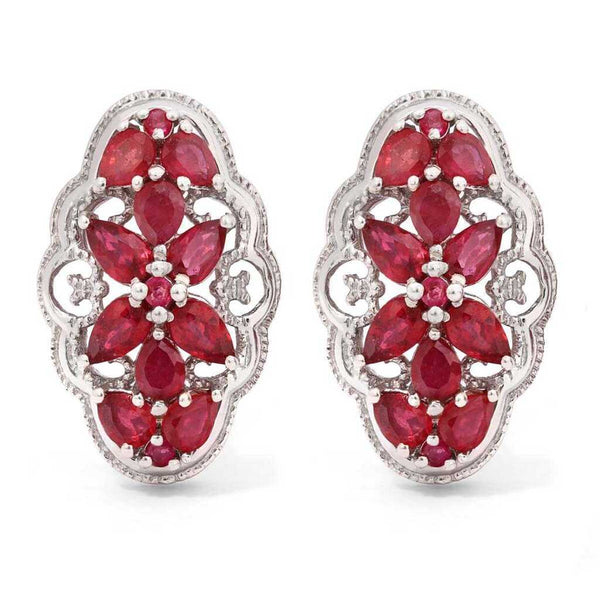 Par de Brinco em Prata 925 Floral com Rubis