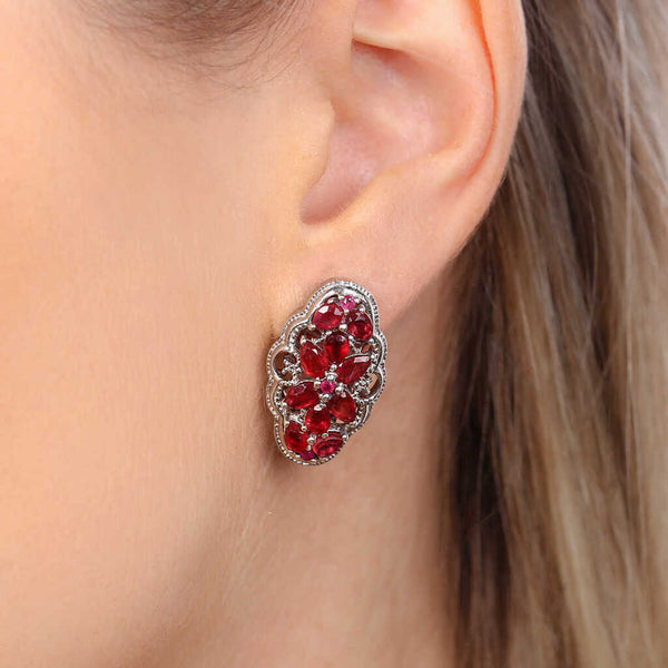 Par de Brinco em Prata 925 Floral com Rubis
