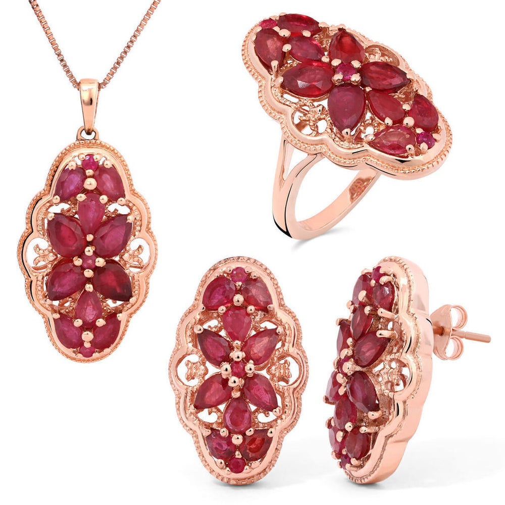 Conjunto de Prata Floral com Banho de Ouro Rosê e Rubis