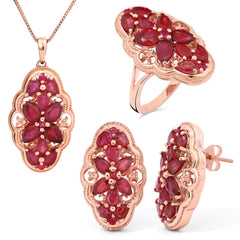 Conjunto de Prata Floral com Banho de Ouro Rosê e Rubis