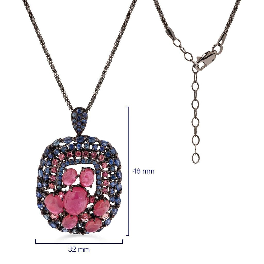 Pingente Linha Premium em Prata 925 com Rubis Safiras Azuis e  Safiras Rosas